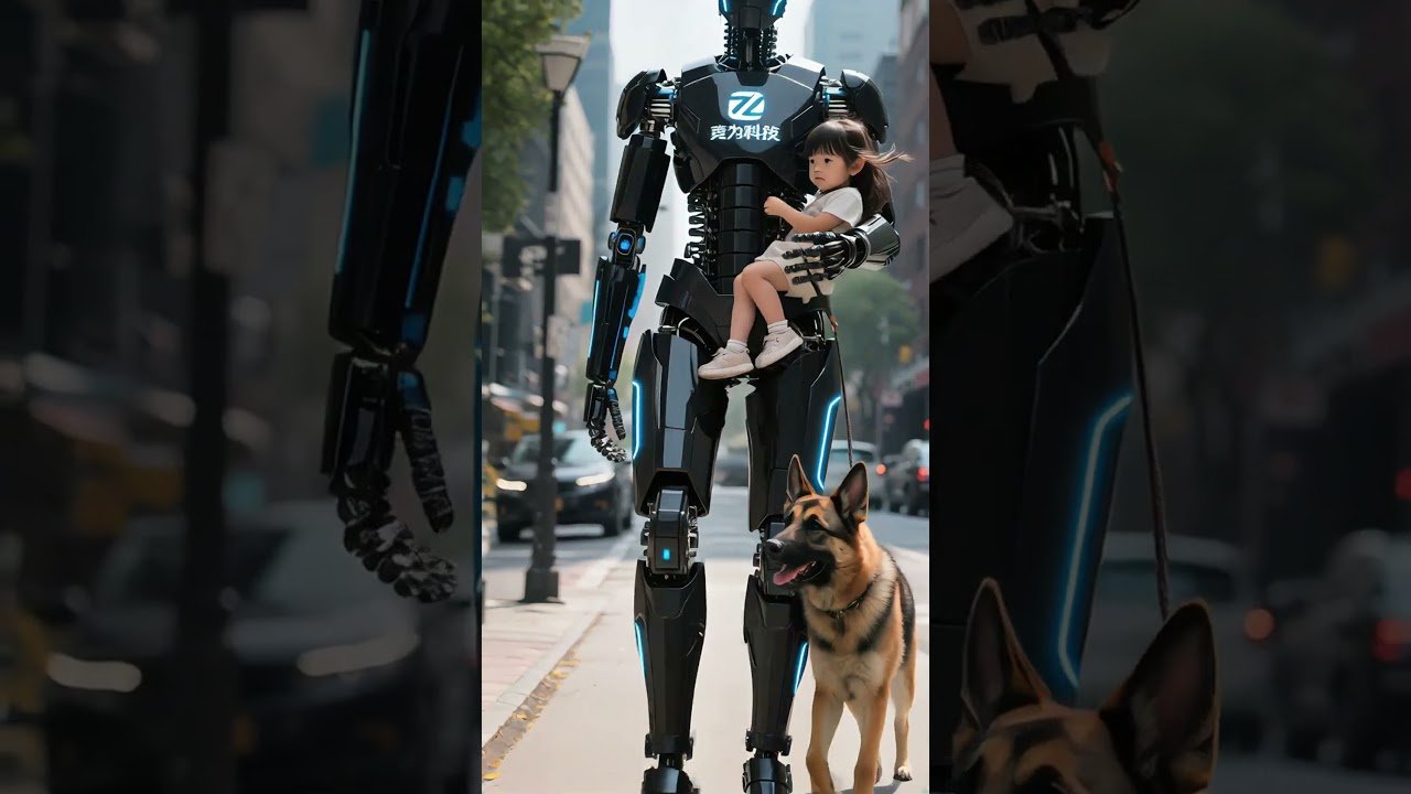 Robot humanoide pasea por la ciudad cargando a una niña en brazos: el futuro de la asistencia urbana